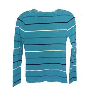 Tommy Hilfiger Teal Stripe Long Sleeve Cotton Top Size S Retro Classy Normcore